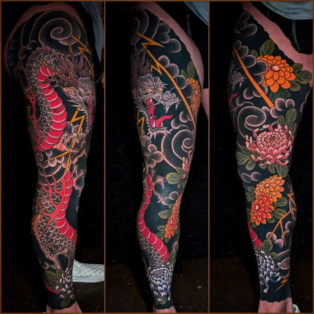 Red Dragon Sleeve — Japanese tattoo by Daniel Gerbis at Inkvision Tattoo in Boise, Idaho