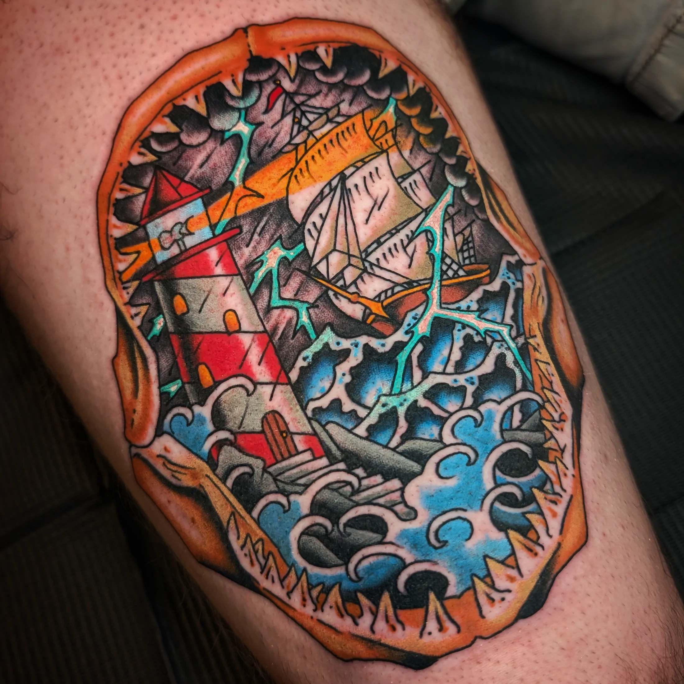 Storm at Sea — Traditional tattoo by Daniel Gerbis at Inkvision Tattoo in Boise, Idaho